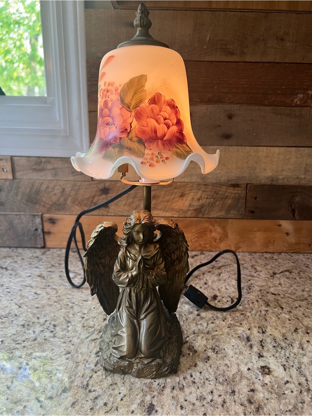 Vintage Angel Table Lamp with Painted Floral Glass Shade - Pink & Gold Tones